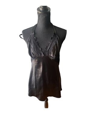 Frederick’s of Hollywood Black Satin Lace Halter Chemise Lingerie Size L Sexy